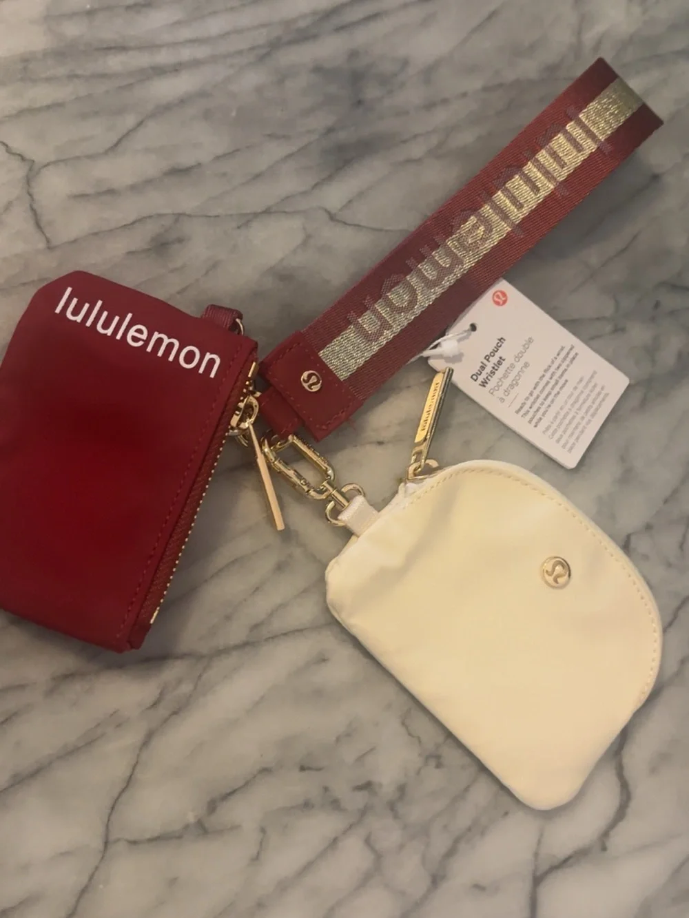 lululemon athletica Red and Cream Wristlet Duo with Gold Accents